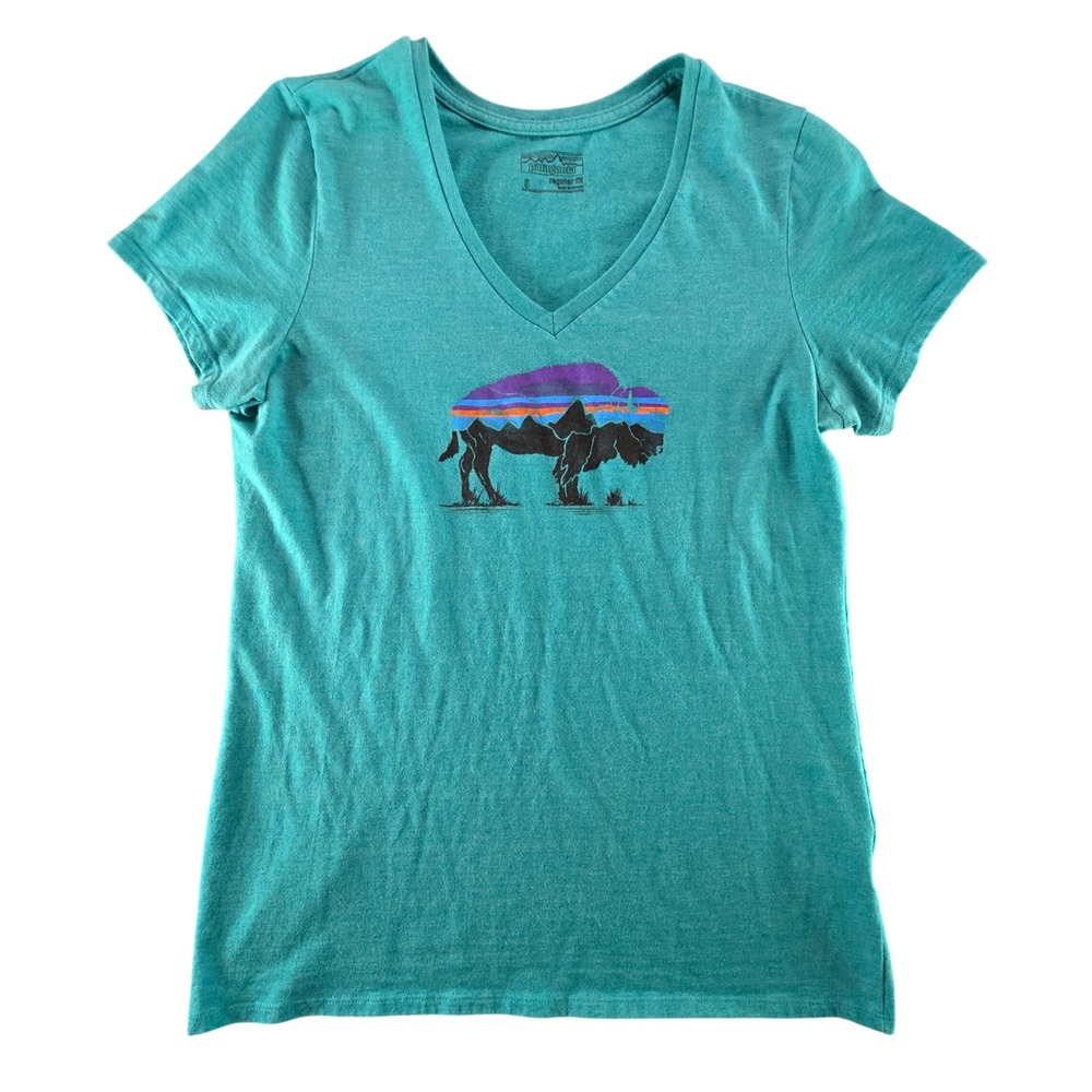 Patagonia V-Neck‎ Graphic Tee Size Small Logo Teal Organic Cotton Blend Outdoor